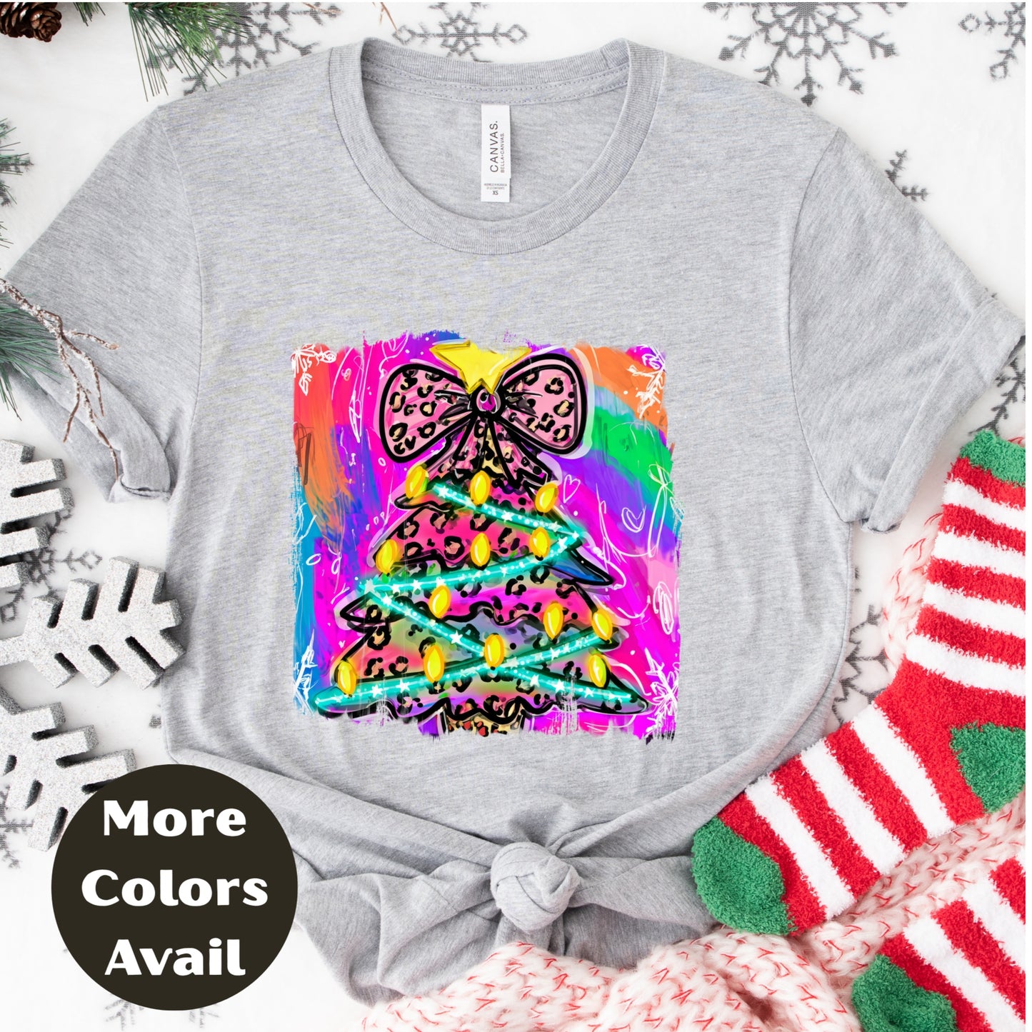 Leopard Bow Rainbow Christmas Tree Shirt or Sweatshirt – S-4XL Plus Size – Bright Holiday Top – Multiple Colors