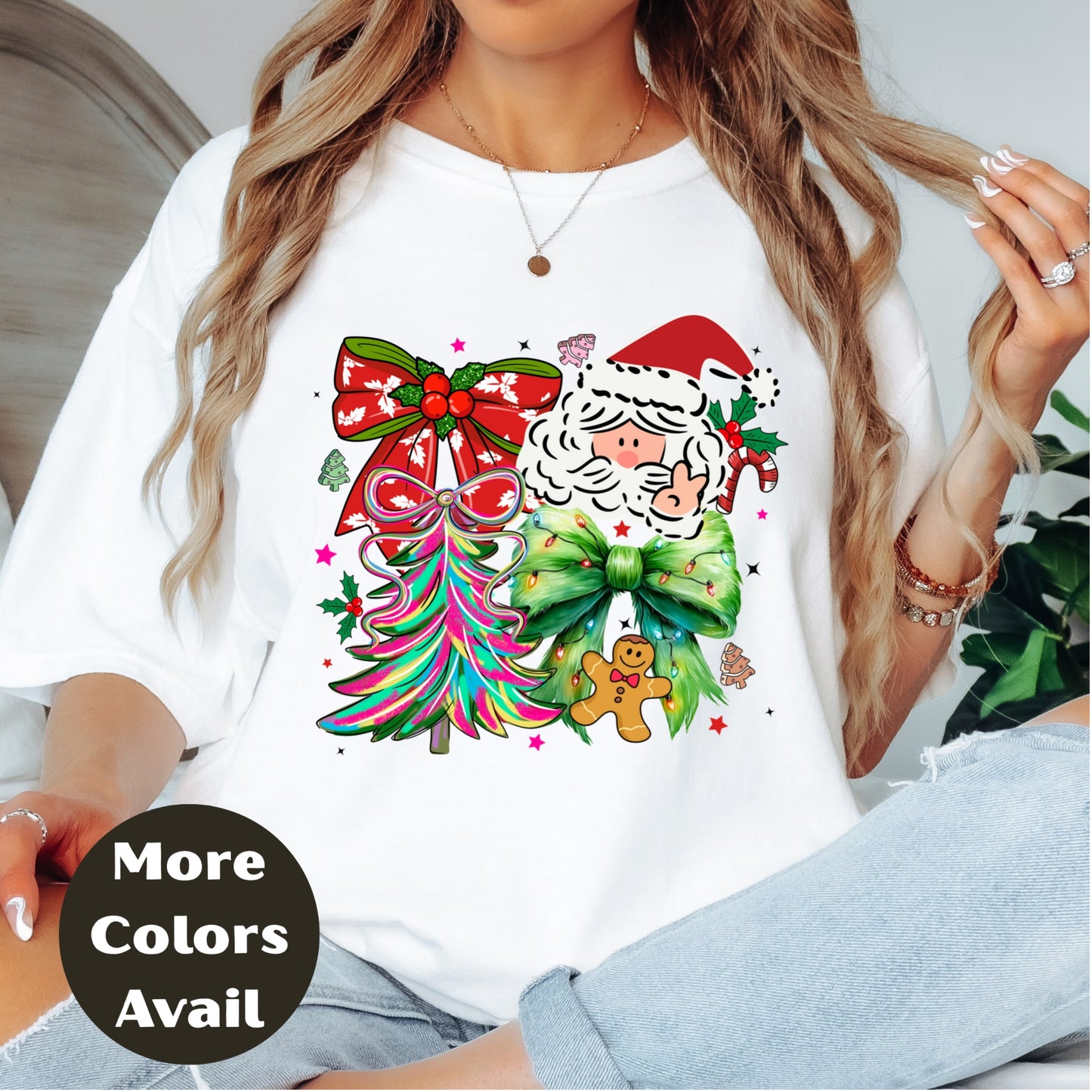 Peace Santa Christmas Shirt or Sweatshirt – Bright Holiday Bow & Tree Design – Small -4XL and Plus Size – Multiple Colors