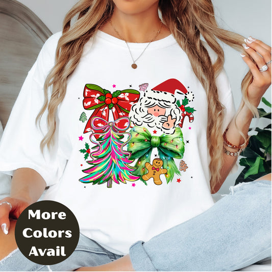 Peace Santa Christmas Shirt or Sweatshirt – Bright Holiday Bow & Tree Design – Small -4XL and Plus Size – Multiple Colors