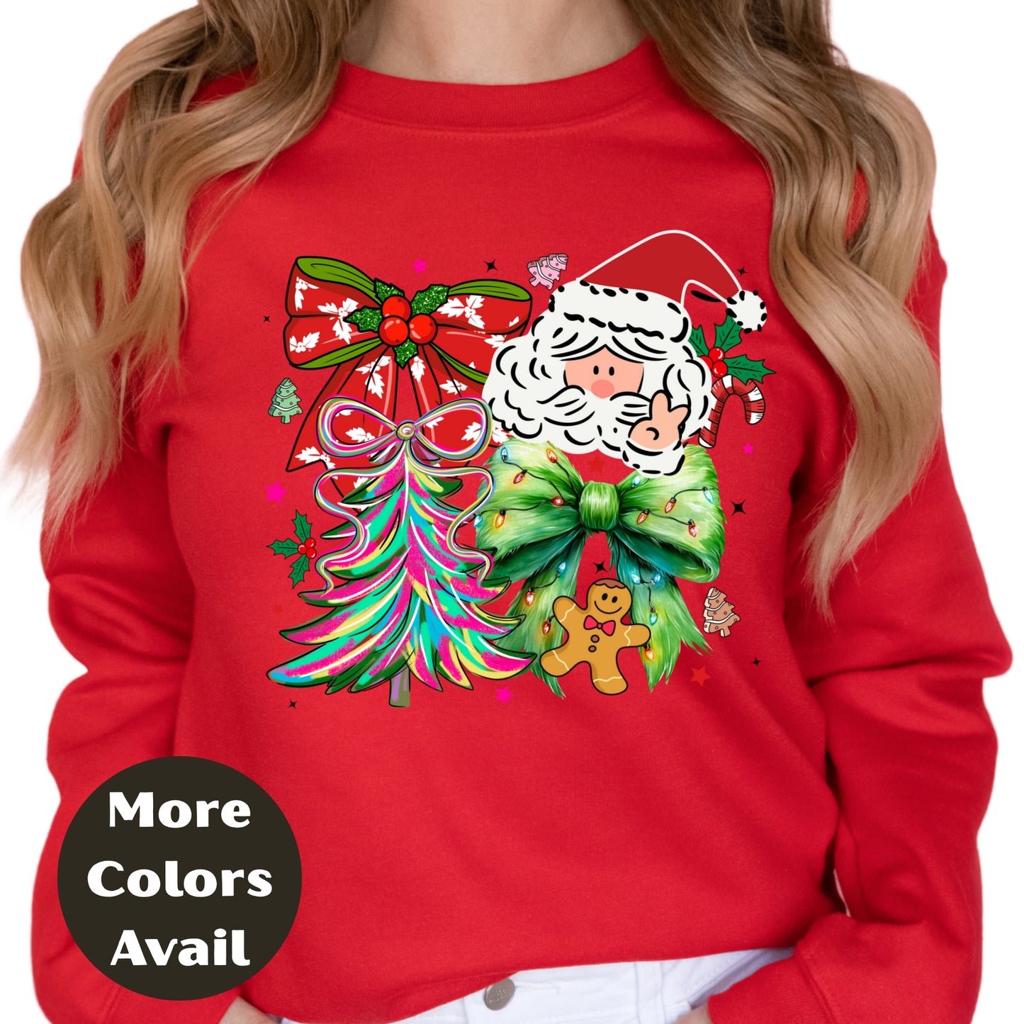 Peace Santa Christmas Shirt or Sweatshirt – Bright Holiday Bow & Tree Design – Small -4XL and Plus Size – Multiple Colors
