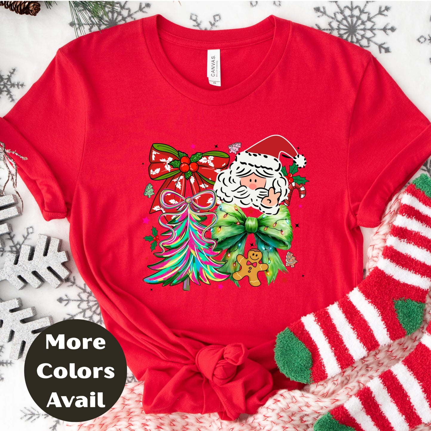 Peace Santa Christmas Shirt or Sweatshirt – Bright Holiday Bow & Tree Design – Small -4XL and Plus Size – Multiple Colors