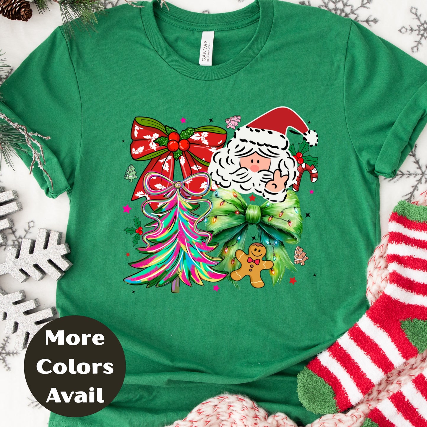 Peace Santa Christmas Shirt or Sweatshirt – Bright Holiday Bow & Tree Design – Small -4XL and Plus Size – Multiple Colors