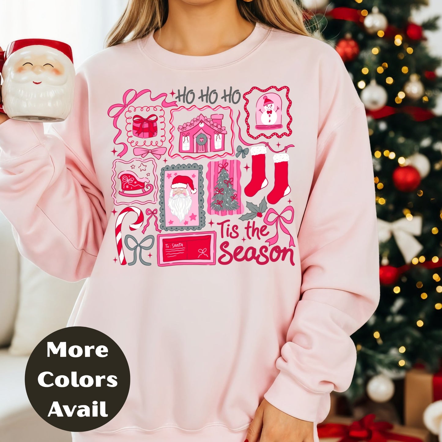 Pink Tis the Season Christmas Shirt or Sweatshirt – Cute Holiday Icons – Small-4XL and Plus Size – Multiple Colors