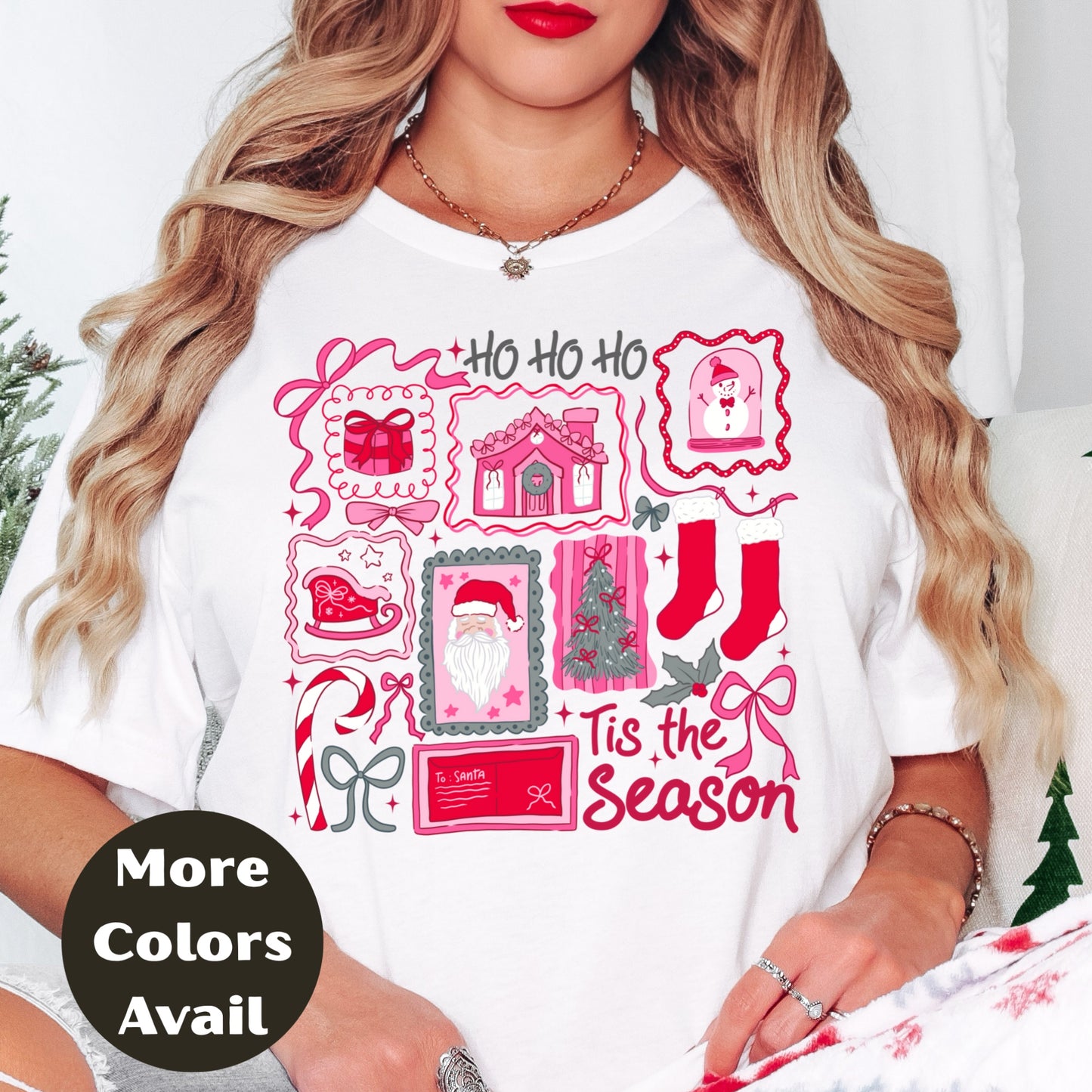 Pink Tis the Season Christmas Shirt or Sweatshirt – Cute Holiday Icons – Small-4XL and Plus Size – Multiple Colors