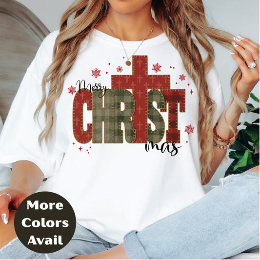 Merry CHRISTmas Cross Shirt or Sweatshirt – Rustic Plaid Christian Christmas Top – S-4XL Plus Size – Multiple Colors