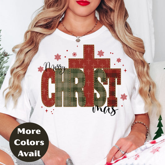 Merry CHRISTmas Cross Shirt or Sweatshirt – Rustic Plaid Christian Christmas Top – S-4XL Plus Size – Multiple Colors