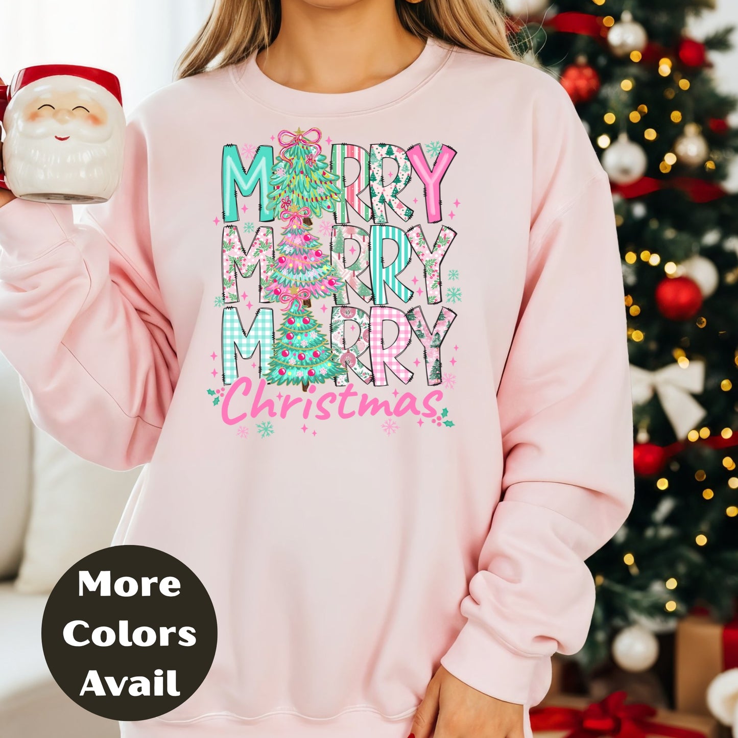 Merry Merry Merry Christmas Shirt or Sweatshirt – Pastel Christmas Tree Holiday Top – Small-4XL and Plus Size – Multiple Colors