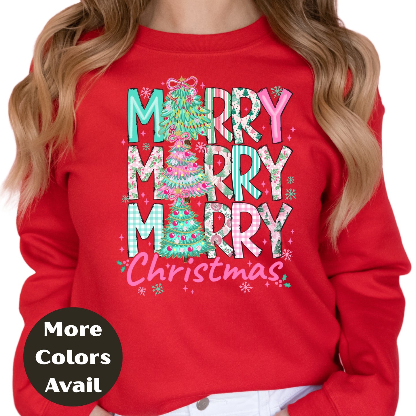 Merry Merry Merry Christmas Shirt or Sweatshirt – Pastel Christmas Tree Holiday Top – Small-4XL and Plus Size – Multiple Colors
