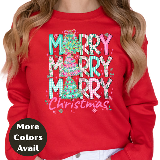 Merry Merry Merry Christmas Shirt or Sweatshirt – Pastel Christmas Tree Holiday Top – Small-4XL and Plus Size – Multiple Colors