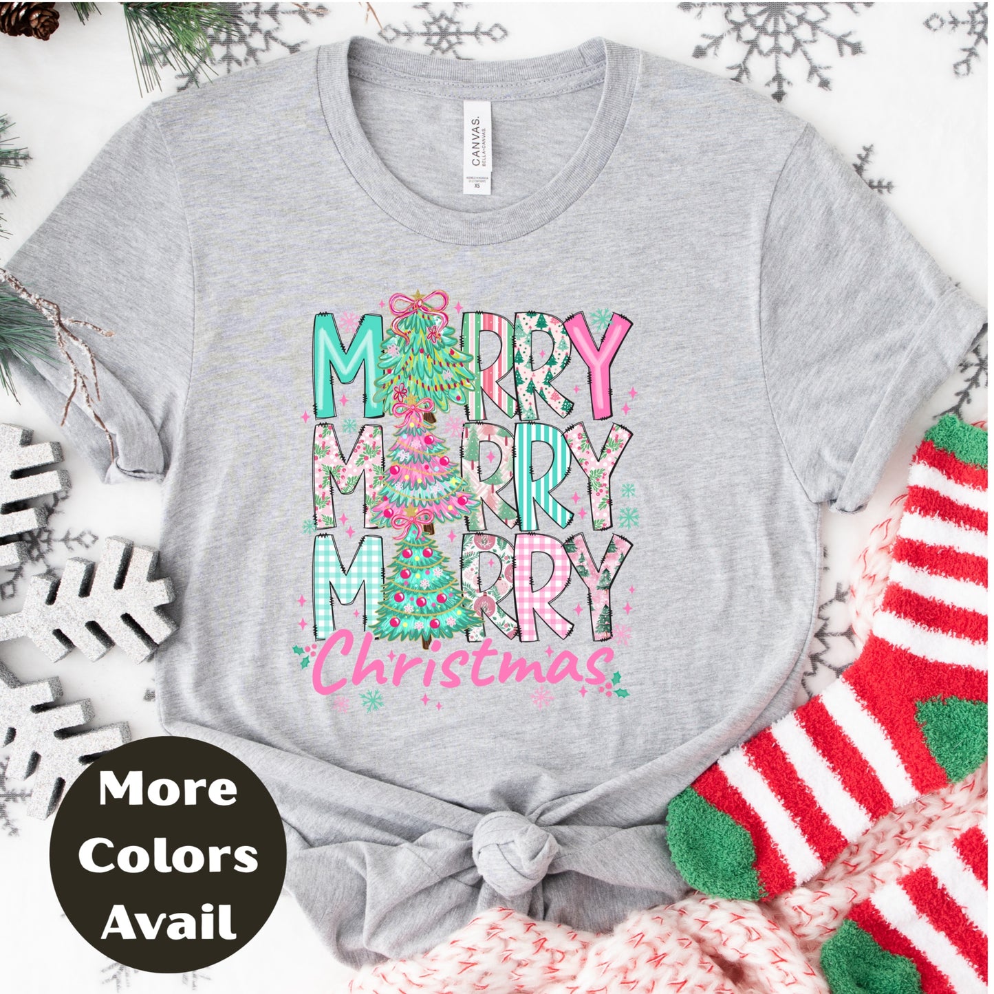 Merry Merry Merry Christmas Shirt or Sweatshirt – Pastel Christmas Tree Holiday Top – Small-4XL and Plus Size – Multiple Colors