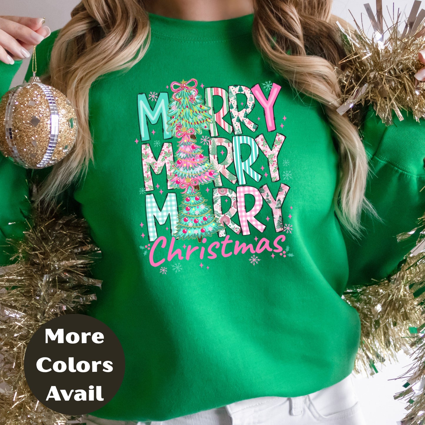 Merry Merry Merry Christmas Shirt or Sweatshirt – Pastel Christmas Tree Holiday Top – Small-4XL and Plus Size – Multiple Colors