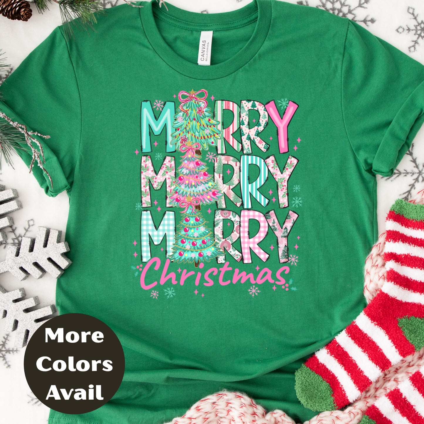Merry Merry Merry Christmas Shirt or Sweatshirt – Pastel Christmas Tree Holiday Top – Small-4XL and Plus Size – Multiple Colors
