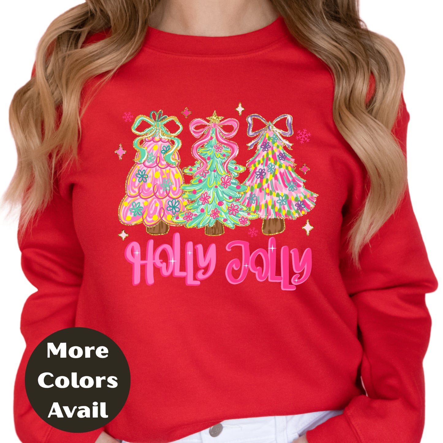 Holly Jolly Christmas Shirt or Sweatshirt – Pastel Christmas Tree Holiday Top – Small-4XL and Plus Size – Multiple Colors