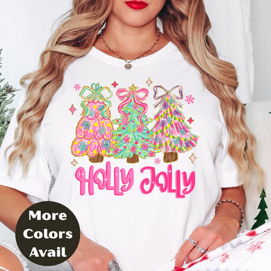 Holly Jolly Christmas Shirt or Sweatshirt – Pastel Christmas Tree Holiday Top – Small-4XL and Plus Size – Multiple Colors