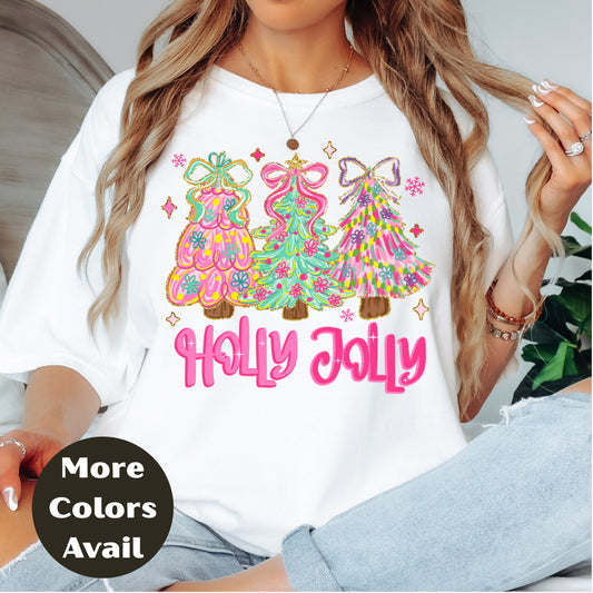 Holly Jolly Christmas Shirt or Sweatshirt – Pastel Christmas Tree Holiday Top – Small-4XL and Plus Size – Multiple Colors