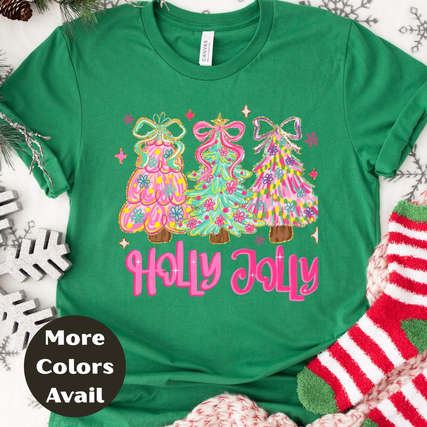 Holly Jolly Christmas Shirt or Sweatshirt – Pastel Christmas Tree Holiday Top – Small-4XL and Plus Size – Multiple Colors
