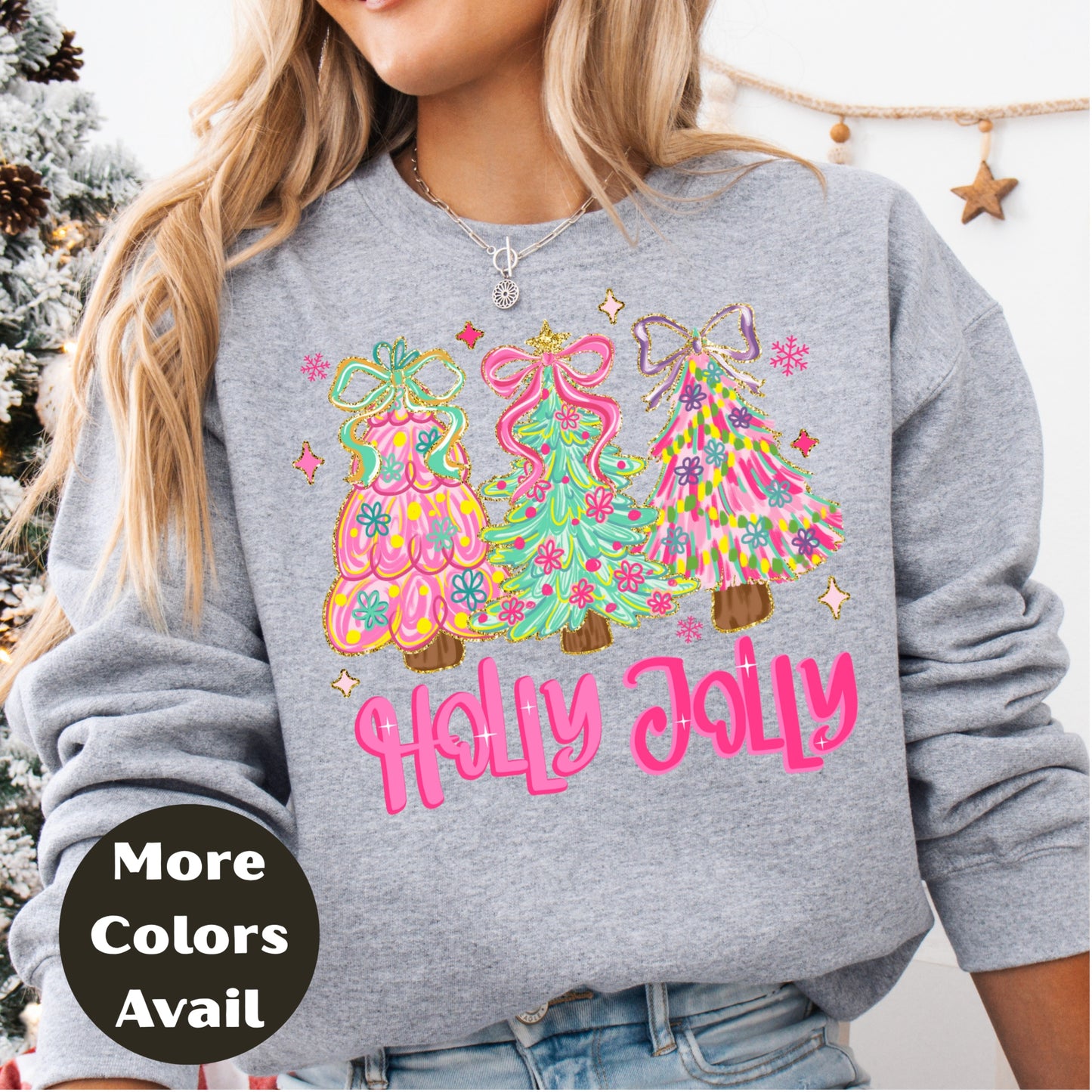 Holly Jolly Christmas Shirt or Sweatshirt – Pastel Christmas Tree Holiday Top – Small-4XL and Plus Size – Multiple Colors