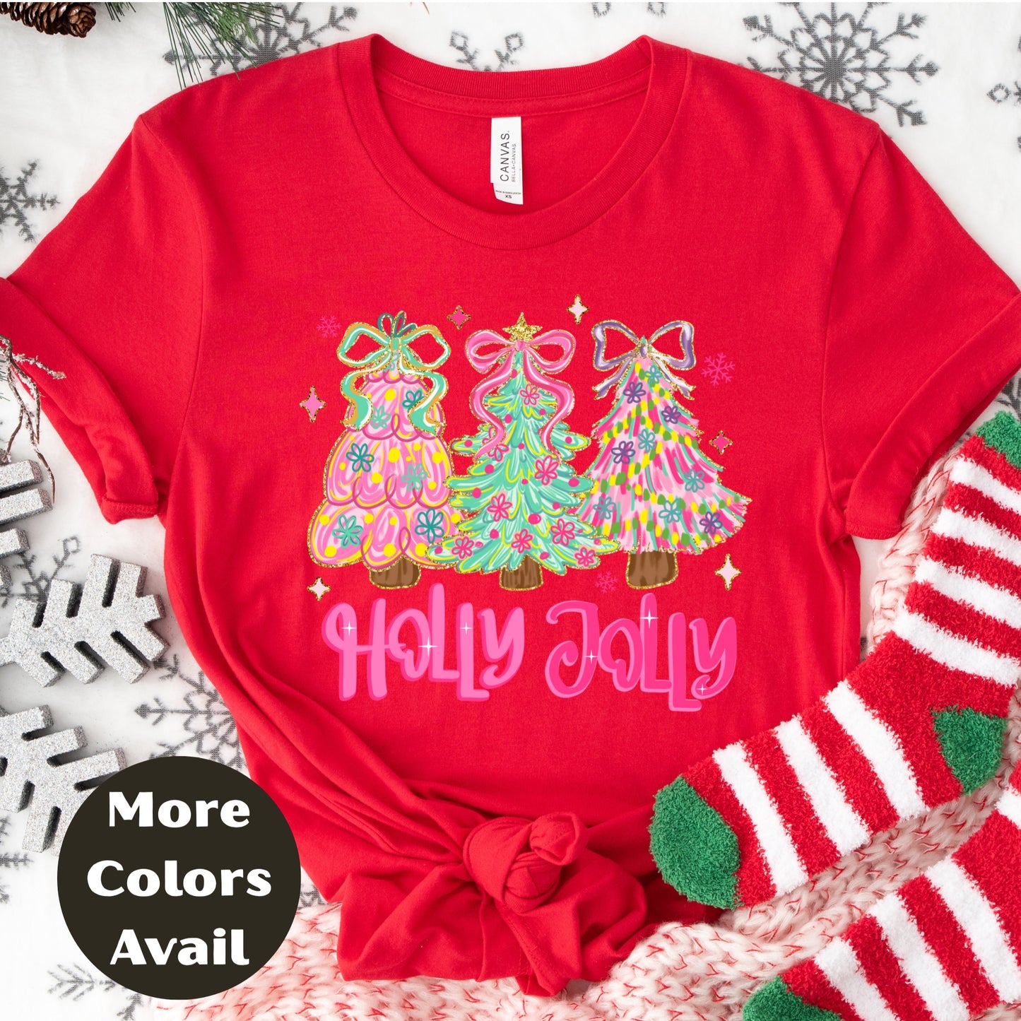 Holly Jolly Christmas Shirt or Sweatshirt – Pastel Christmas Tree Holiday Top – Small-4XL and Plus Size – Multiple Colors