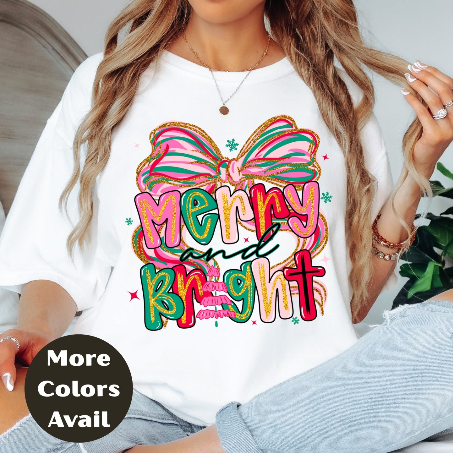 Merry and Bright Christmas Shirt or Sweatshirt – Pink Pastel Bow Holiday Top – Cute Retro Christmas Tee – S-4XL Plus Size – Multiple Colors
