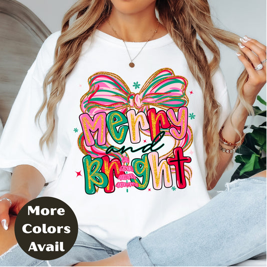 Merry and Bright Christmas Shirt or Sweatshirt – Pink Pastel Bow Holiday Top – Cute Retro Christmas Tee – S-4XL Plus Size – Multiple Colors
