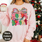 Merry and Bright Christmas Shirt or Sweatshirt – Pink Pastel Bow Holiday Top – Cute Retro Christmas Tee – S-4XL Plus Size – Multiple Colors