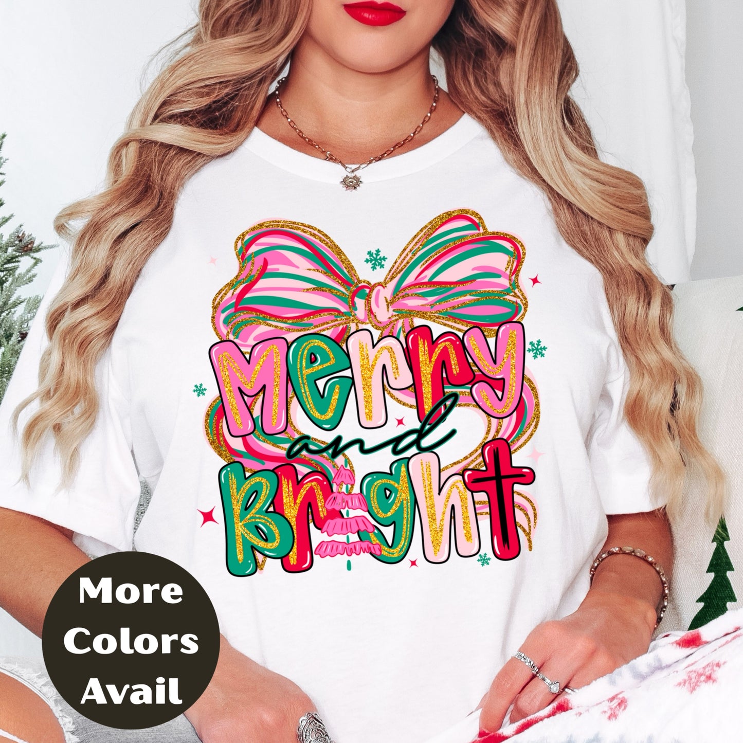 Merry and Bright Christmas Shirt or Sweatshirt – Pink Pastel Bow Holiday Top – Cute Retro Christmas Tee – S-4XL Plus Size – Multiple Colors