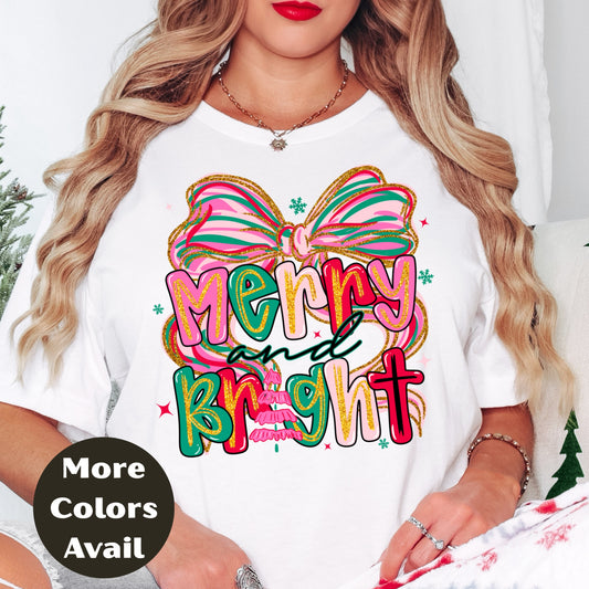 Merry and Bright Christmas Shirt or Sweatshirt – Pink Pastel Bow Holiday Top – Cute Retro Christmas Tee – S-4XL Plus Size – Multiple Colors