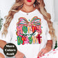 Merry and Bright Christmas Shirt or Sweatshirt – Pink Pastel Bow Holiday Top – Cute Retro Christmas Tee – S-4XL Plus Size – Multiple Colors