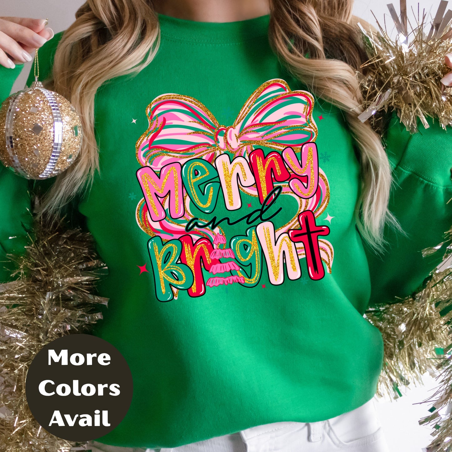 Merry and Bright Christmas Shirt or Sweatshirt – Pink Pastel Bow Holiday Top – Cute Retro Christmas Tee – S-4XL Plus Size – Multiple Colors