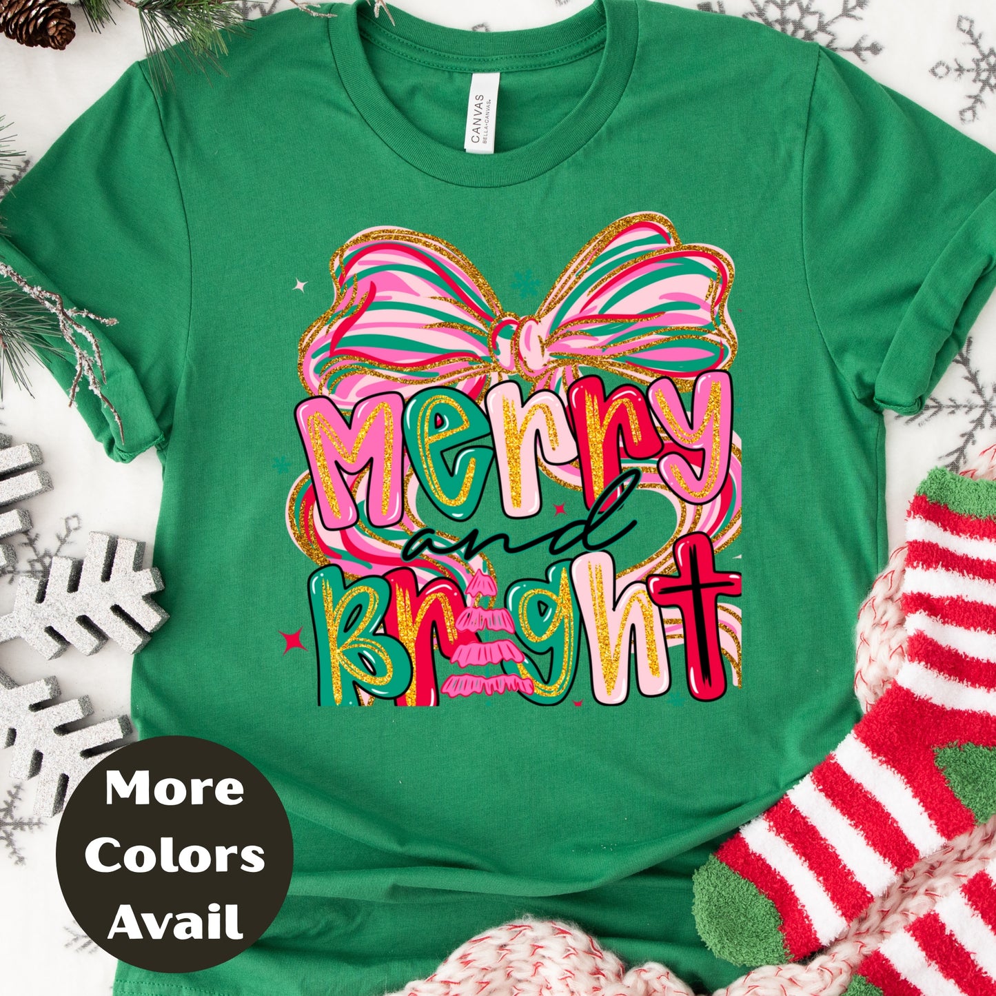 Merry and Bright Christmas Shirt or Sweatshirt – Pink Pastel Bow Holiday Top – Cute Retro Christmas Tee – S-4XL Plus Size – Multiple Colors