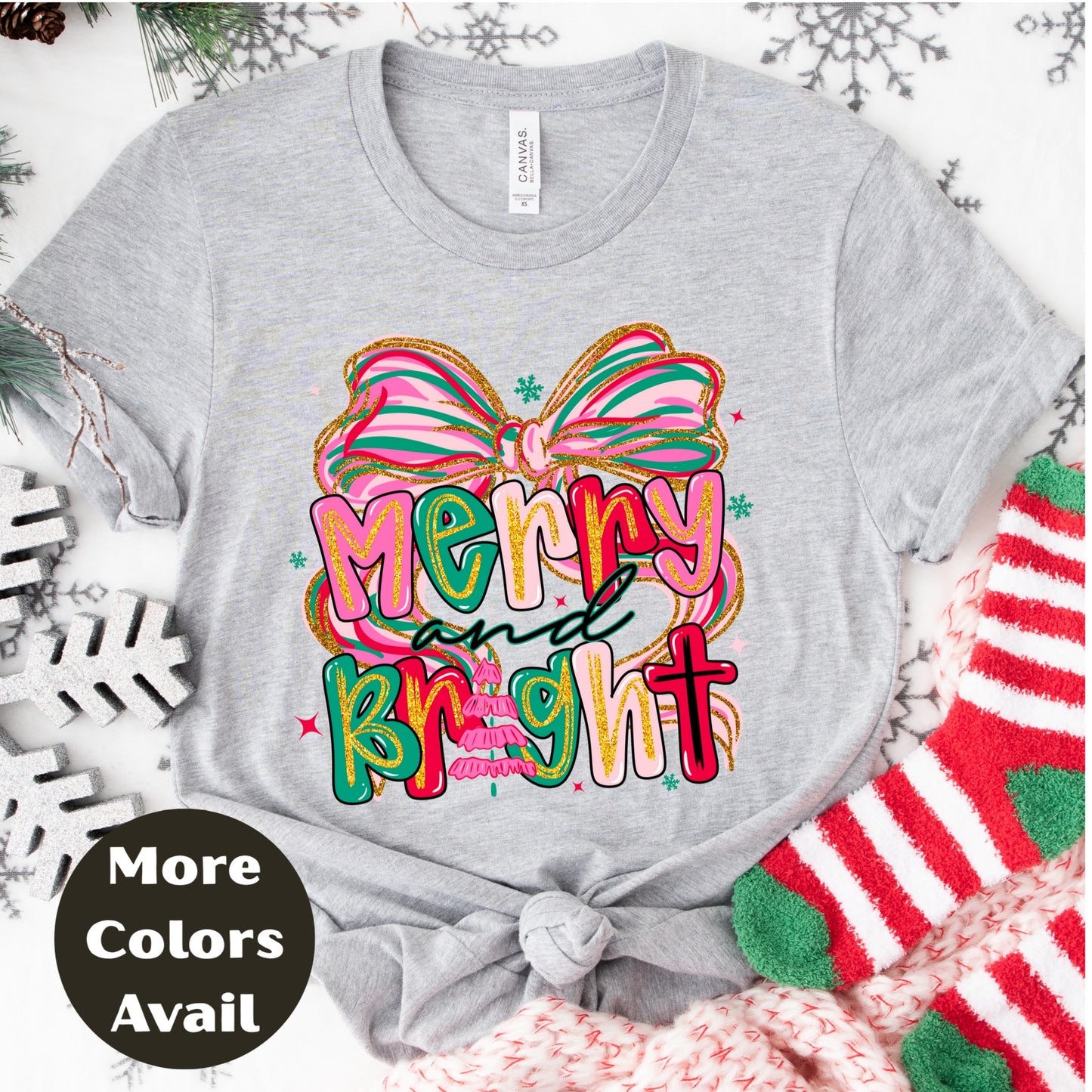 Merry and Bright Christmas Shirt or Sweatshirt – Pink Pastel Bow Holiday Top – Cute Retro Christmas Tee – S-4XL Plus Size – Multiple Colors