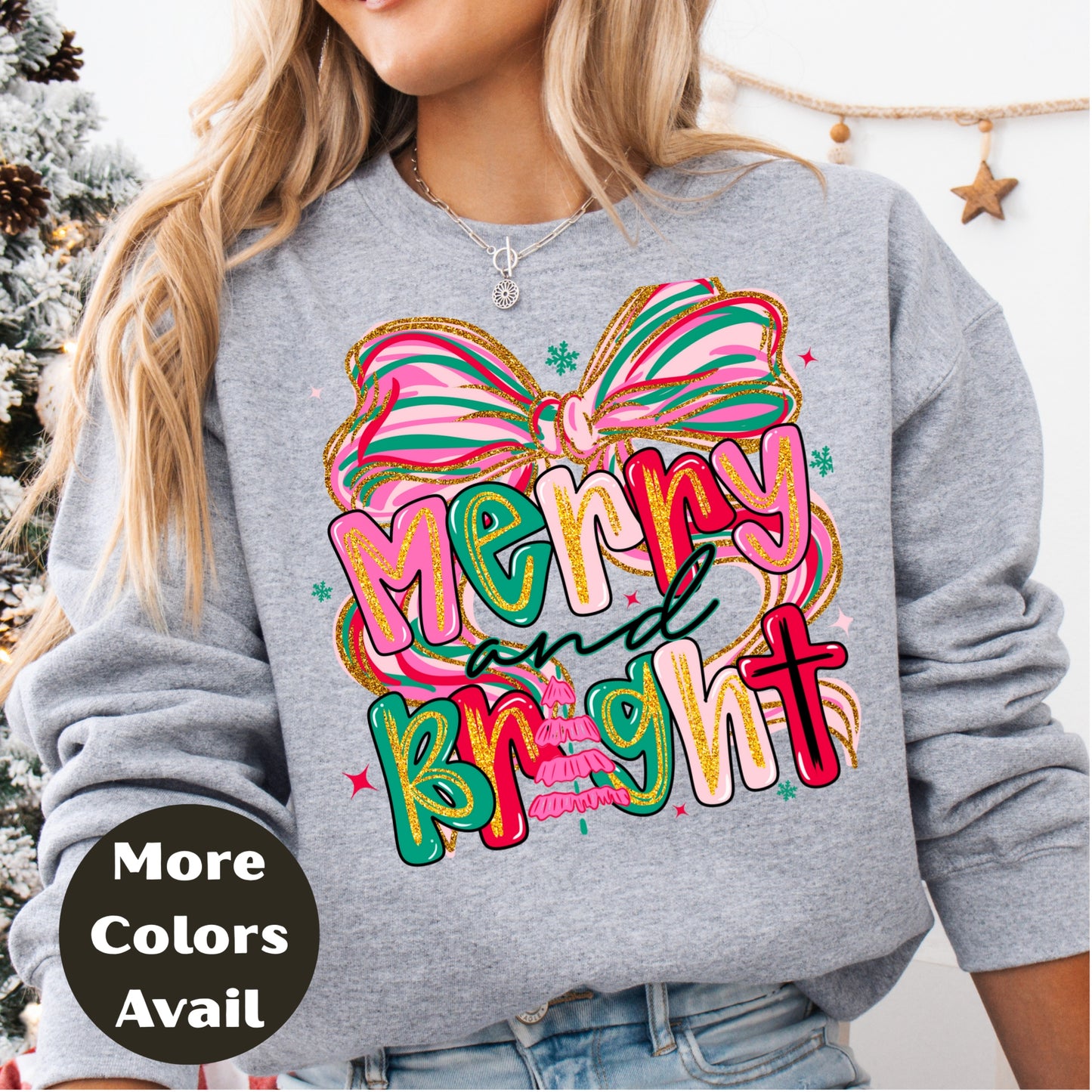 Merry and Bright Christmas Shirt or Sweatshirt – Pink Pastel Bow Holiday Top – Cute Retro Christmas Tee – S-4XL Plus Size – Multiple Colors