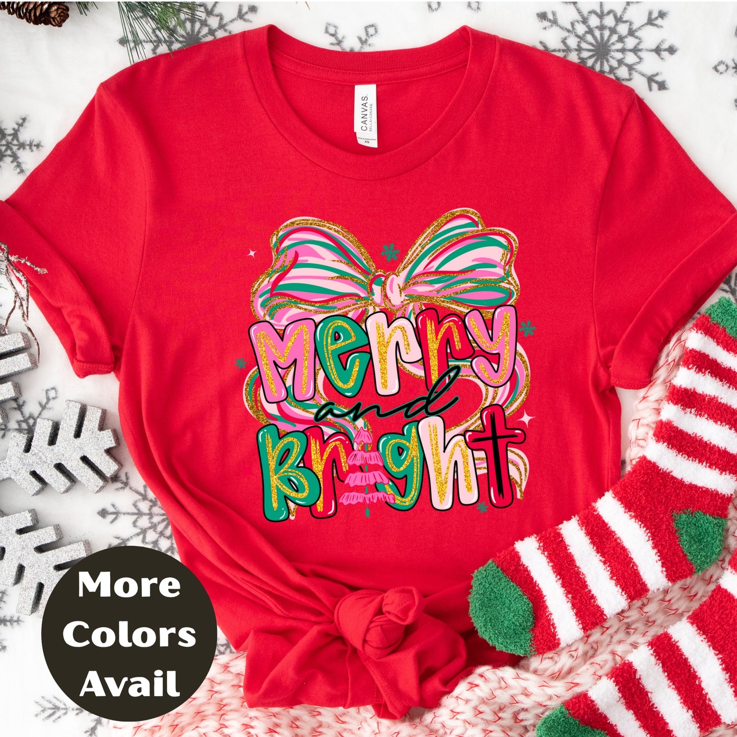 Merry and Bright Christmas Shirt or Sweatshirt – Pink Pastel Bow Holiday Top – Cute Retro Christmas Tee – S-4XL Plus Size – Multiple Colors