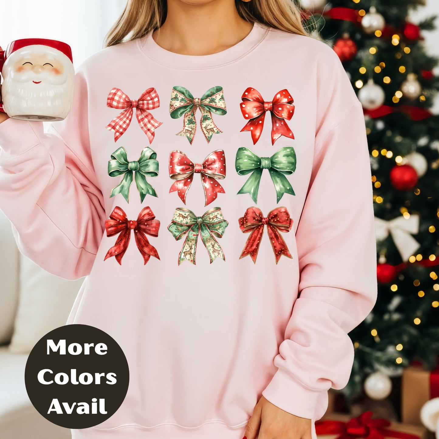 Christmas Bows Shirt or Sweatshirt – Festive Holiday Bow Graphic Top – Small-4XL and Plus Size – Multiple Colors