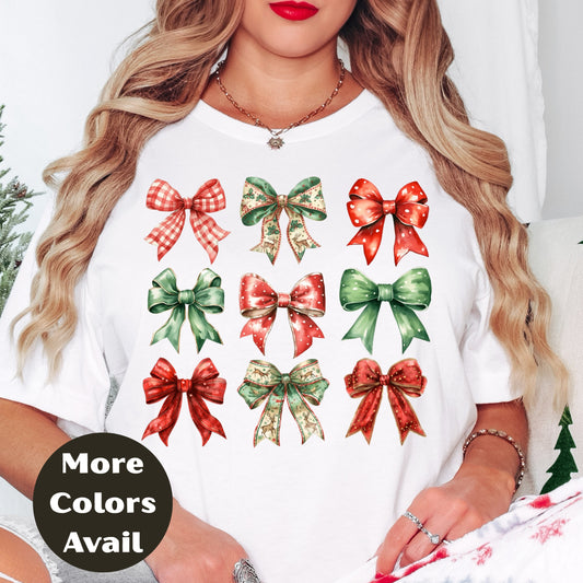 Christmas Bows Shirt or Sweatshirt – Festive Holiday Bow Graphic Top – Small-4XL and Plus Size – Multiple Colors