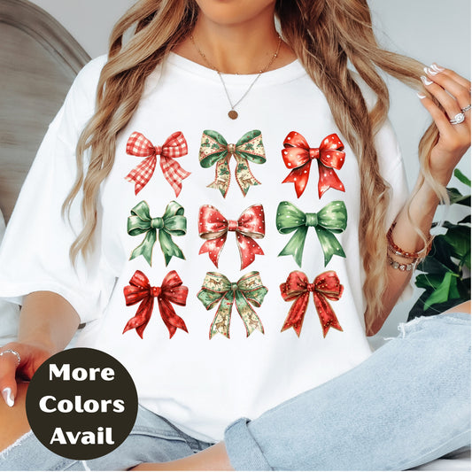 Christmas Bows Shirt or Sweatshirt – Festive Holiday Bow Graphic Top – Small-4XL and Plus Size – Multiple Colors