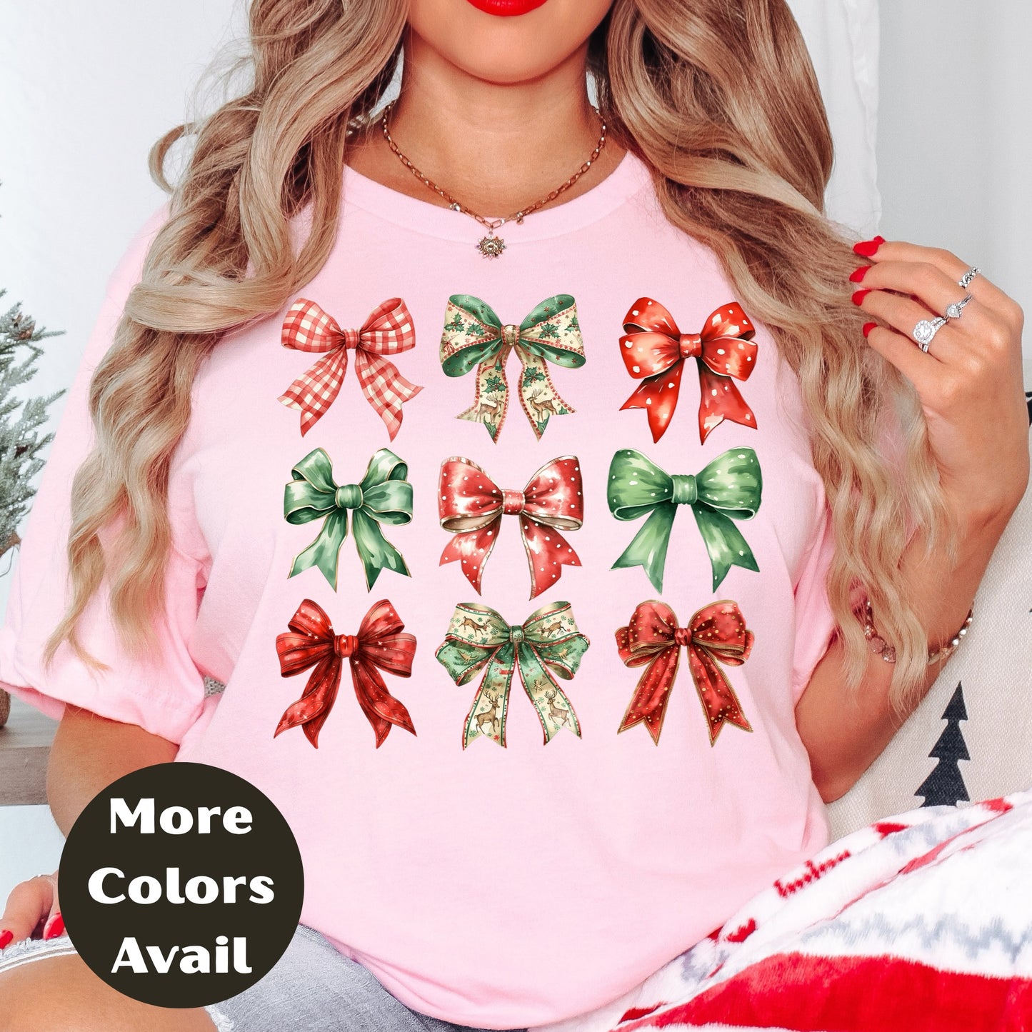 Christmas Bows Shirt or Sweatshirt – Festive Holiday Bow Graphic Top – Small-4XL and Plus Size – Multiple Colors