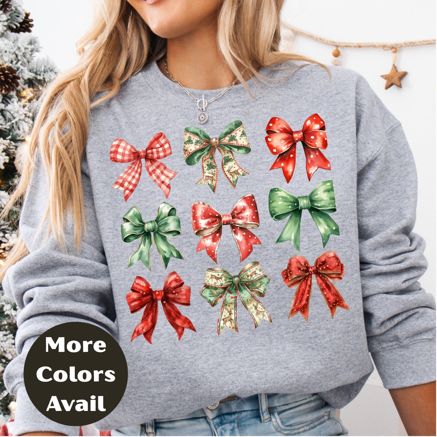 Christmas Bows Shirt or Sweatshirt – Festive Holiday Bow Graphic Top – Small-4XL and Plus Size – Multiple Colors