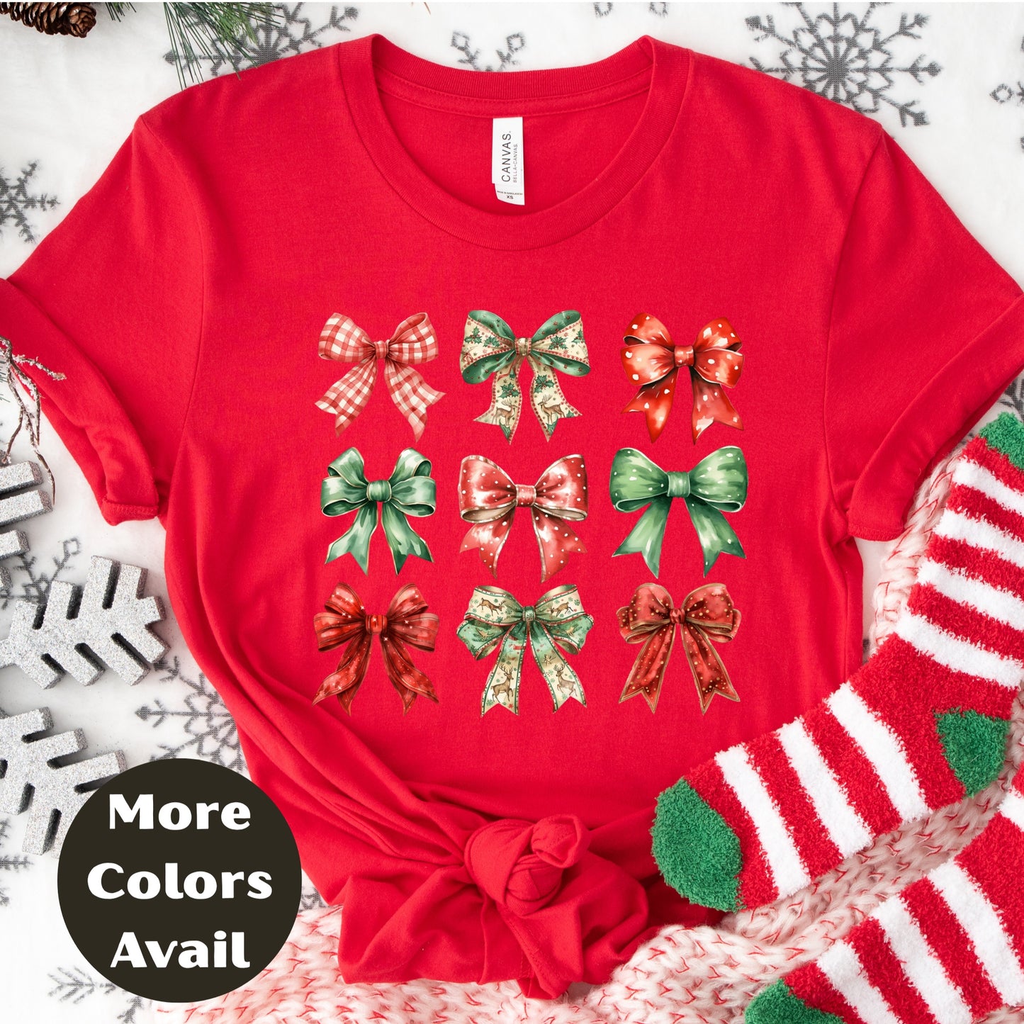 Christmas Bows Shirt or Sweatshirt – Festive Holiday Bow Graphic Top – Small-4XL and Plus Size – Multiple Colors