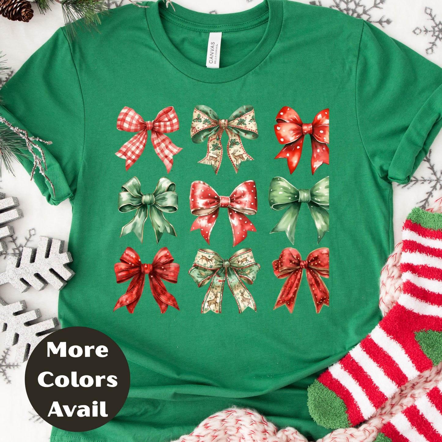 Christmas Bows Shirt or Sweatshirt – Festive Holiday Bow Graphic Top – Small-4XL and Plus Size – Multiple Colors