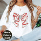 Christmas Bow Shirt or Sweatshirt – Red Glitter Striped Bow Top – Cute Holiday Graphic – Small-4XL and Plus Size – Multiple Colors