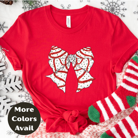 Christmas Bow Shirt or Sweatshirt – Red Glitter Striped Bow Top – Cute Holiday Graphic – Small-4XL and Plus Size – Multiple Colors