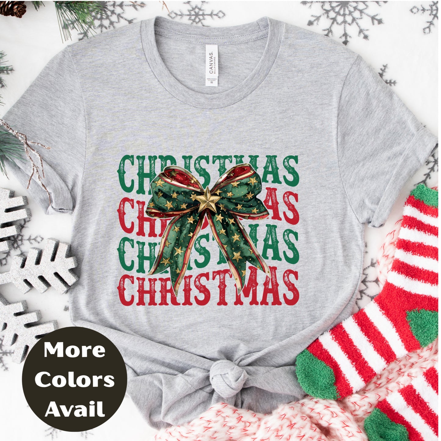 Christmas Bow Shirt or Sweatshirt – CHRISTMAS Graphic Tee – Small-4XL and Plus Size – Multiple Colors