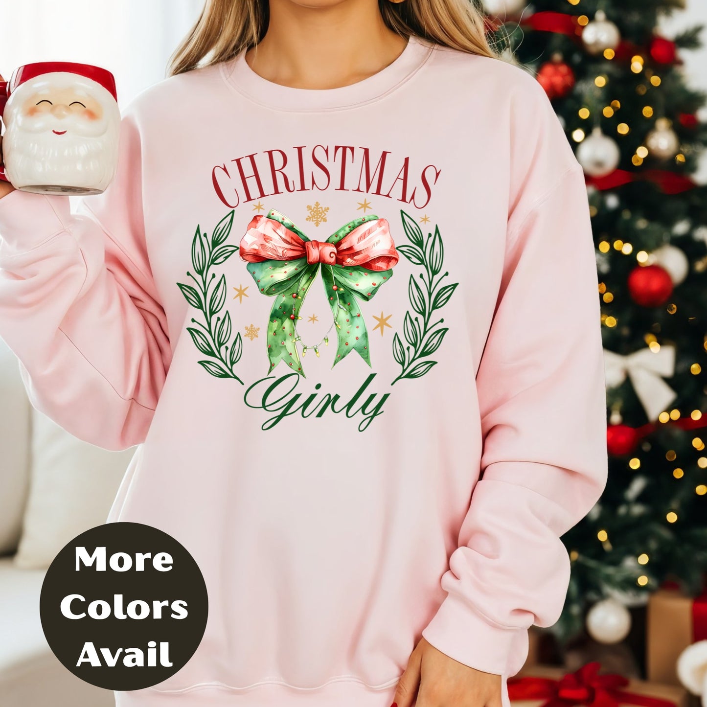 Christmas Girly Shirt or Sweatshirt – Festive Bow & Wreath Holiday Top – Cute Winter Shirt – Small-4XL and Plus Size – Multiple Colors