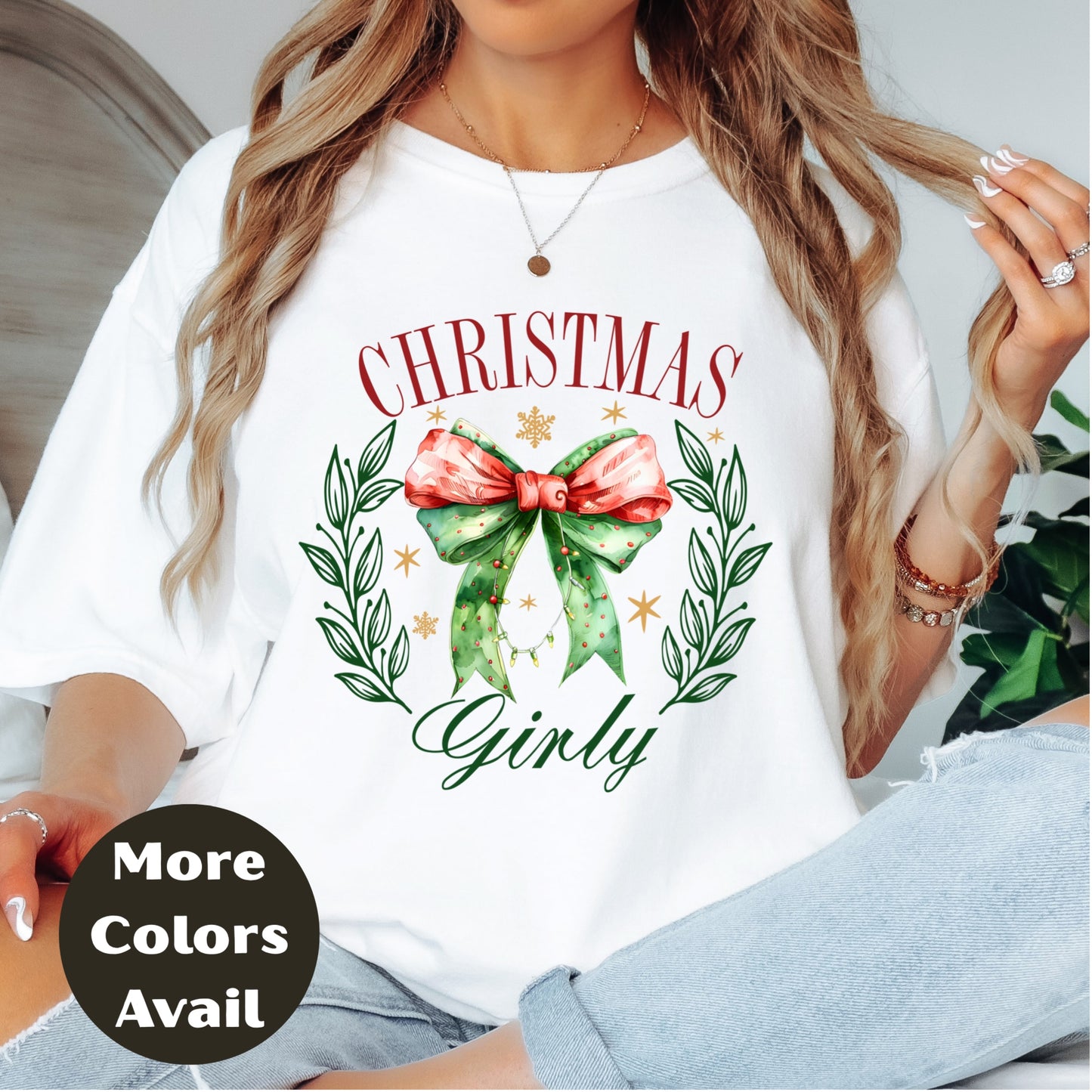 Christmas Girly Shirt or Sweatshirt – Festive Bow & Wreath Holiday Top – Cute Winter Shirt – Small-4XL and Plus Size – Multiple Colors