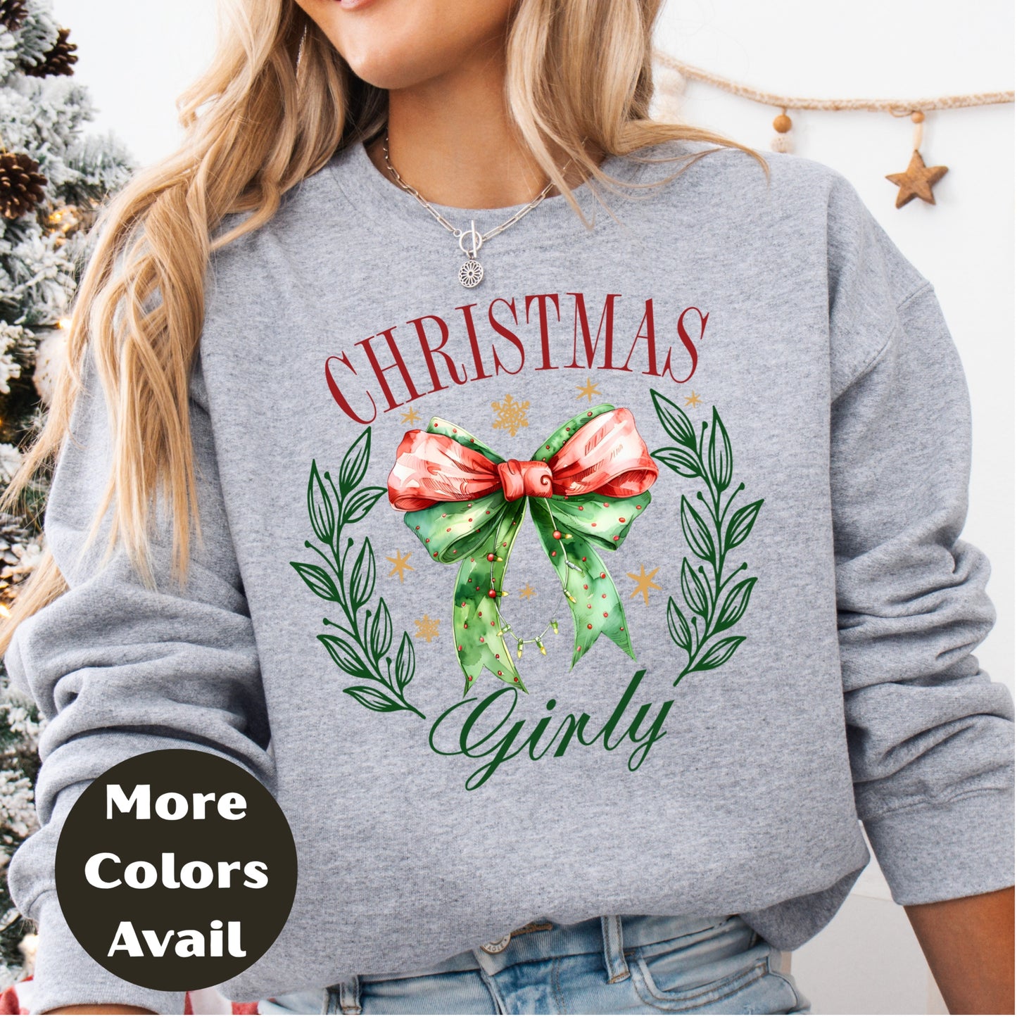 Christmas Girly Shirt or Sweatshirt – Festive Bow & Wreath Holiday Top – Cute Winter Shirt – Small-4XL and Plus Size – Multiple Colors