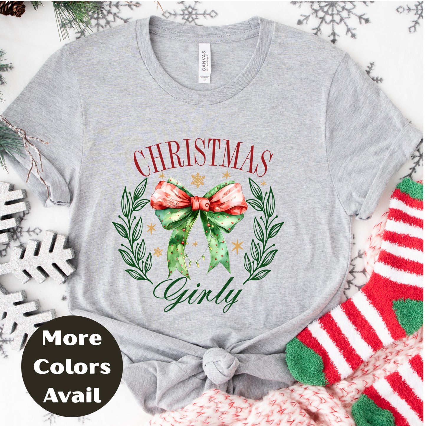 Christmas Girly Shirt or Sweatshirt – Festive Bow & Wreath Holiday Top – Cute Winter Shirt – Small-4XL and Plus Size – Multiple Colors