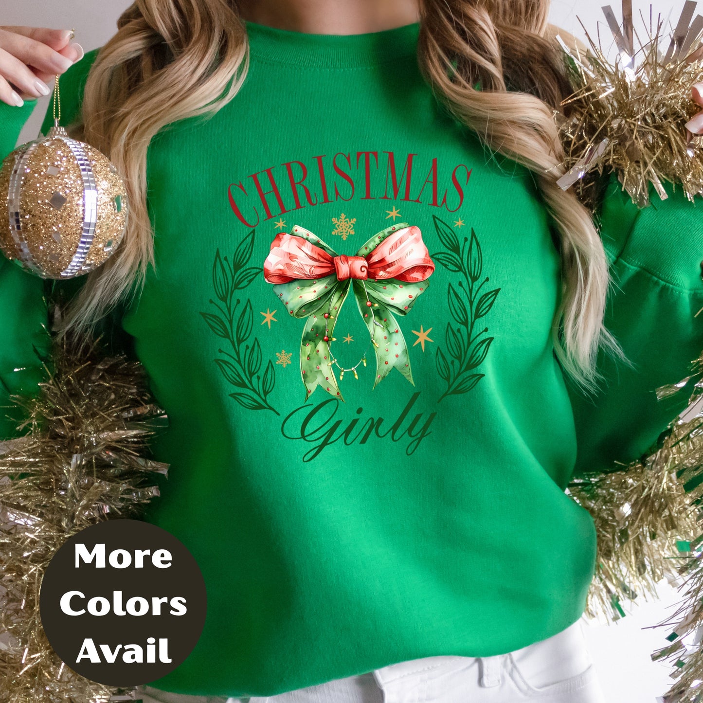 Christmas Girly Shirt or Sweatshirt – Festive Bow & Wreath Holiday Top – Cute Winter Shirt – Small-4XL and Plus Size – Multiple Colors