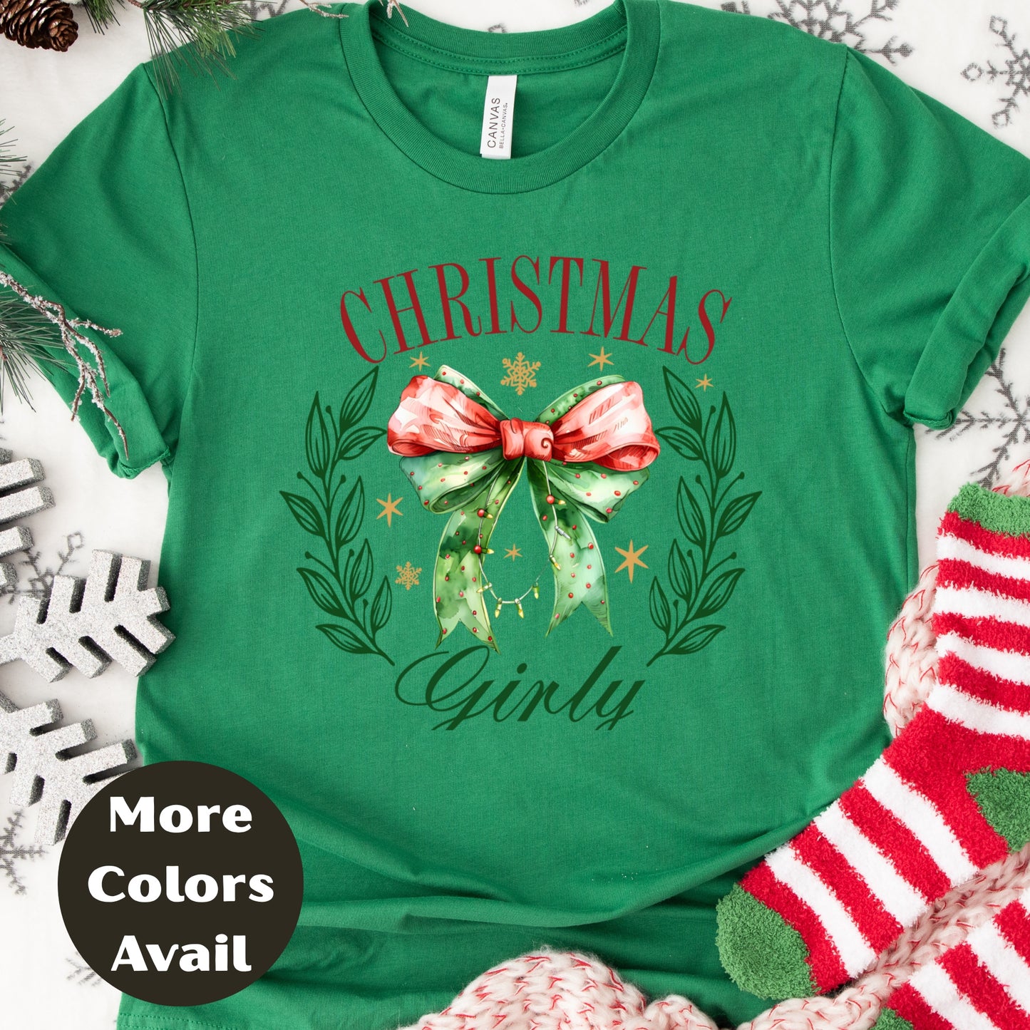 Christmas Girly Shirt or Sweatshirt – Festive Bow & Wreath Holiday Top – Cute Winter Shirt – Small-4XL and Plus Size – Multiple Colors