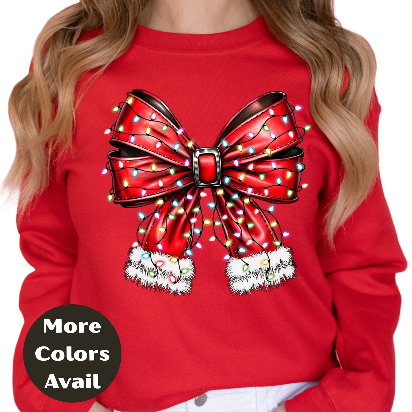 Red Christmas Bow Shirt or Sweatshirt – Holiday Lights Bow Top - Small-4XL and Plus Size – Multiple Colors